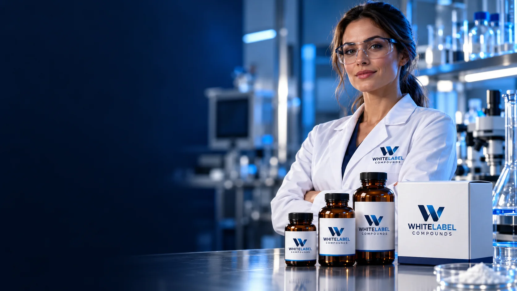 Illustrative scientist with WhiteLabel Compounds bottles and packaging in a laboratory. Not a photograph of our staff or facility.