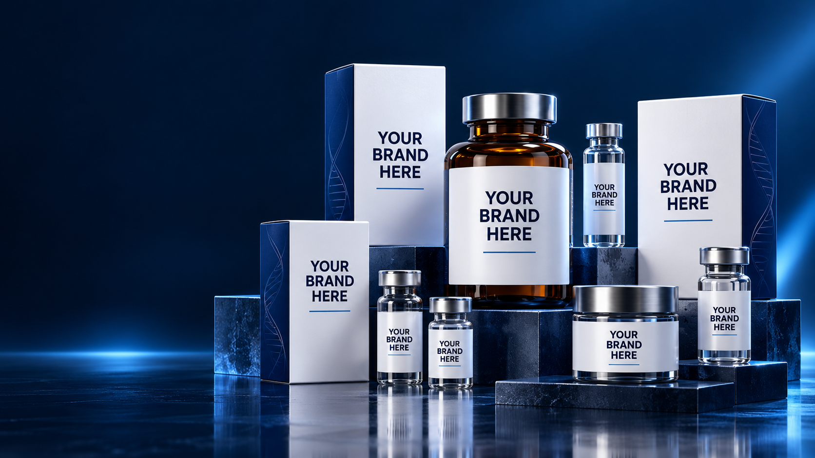 Illustrative ‘Your Brand Here’ white-label boxes, jars and vials on navy pedestals.