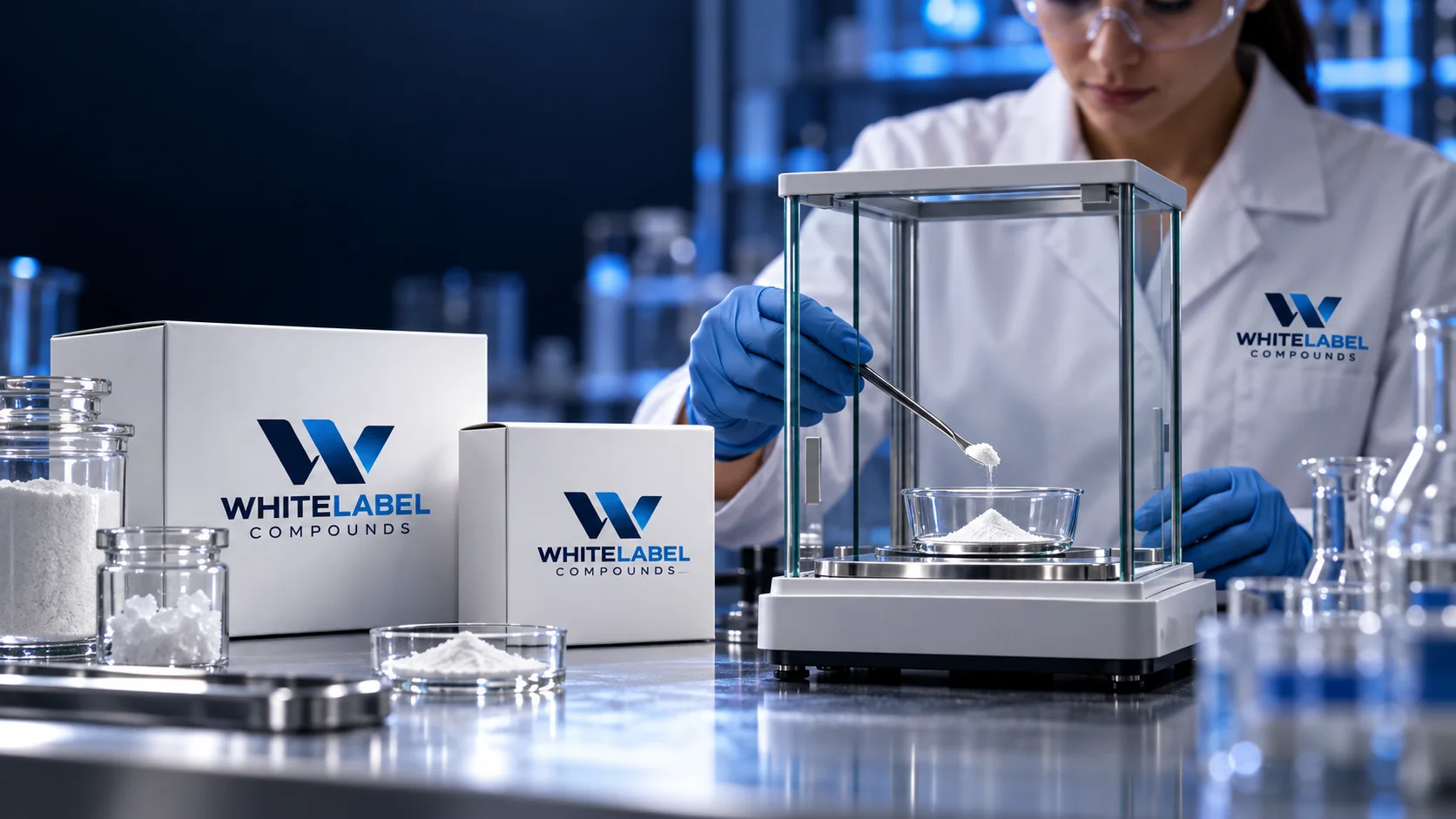 Illustrative scientist weighing white powder beside WhiteLabel Compounds packaging. Not a photograph of our staff or facility.