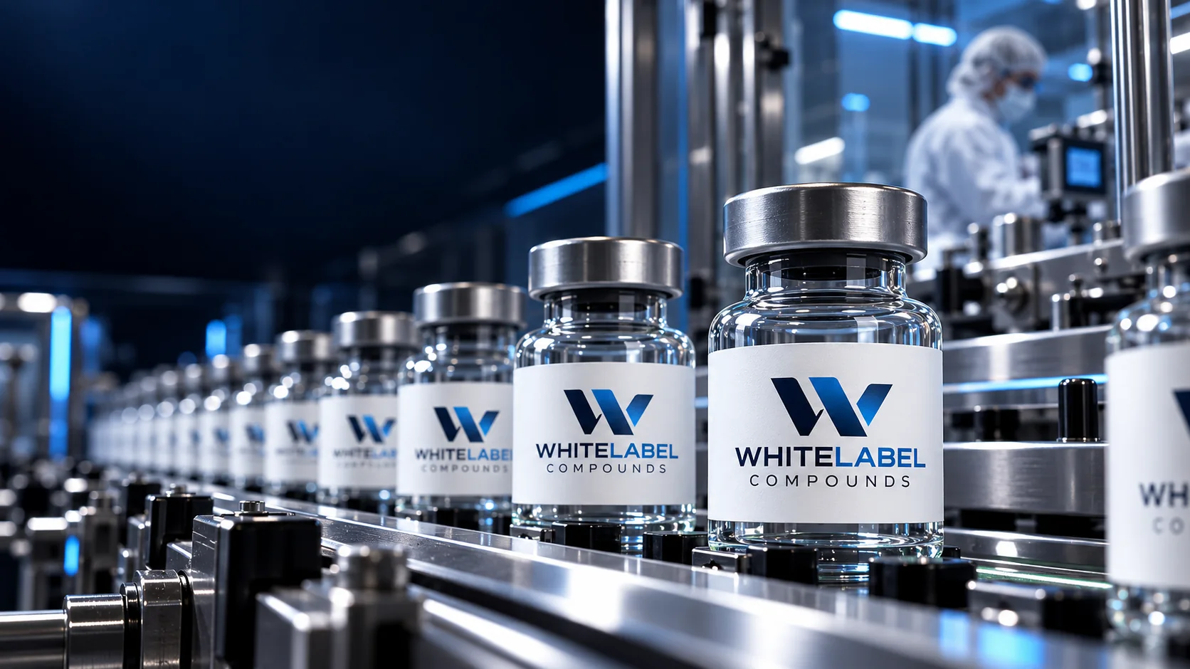 Illustrative WhiteLabel Compounds branded vials on a stainless-steel filling line. Not a photograph of our facility.