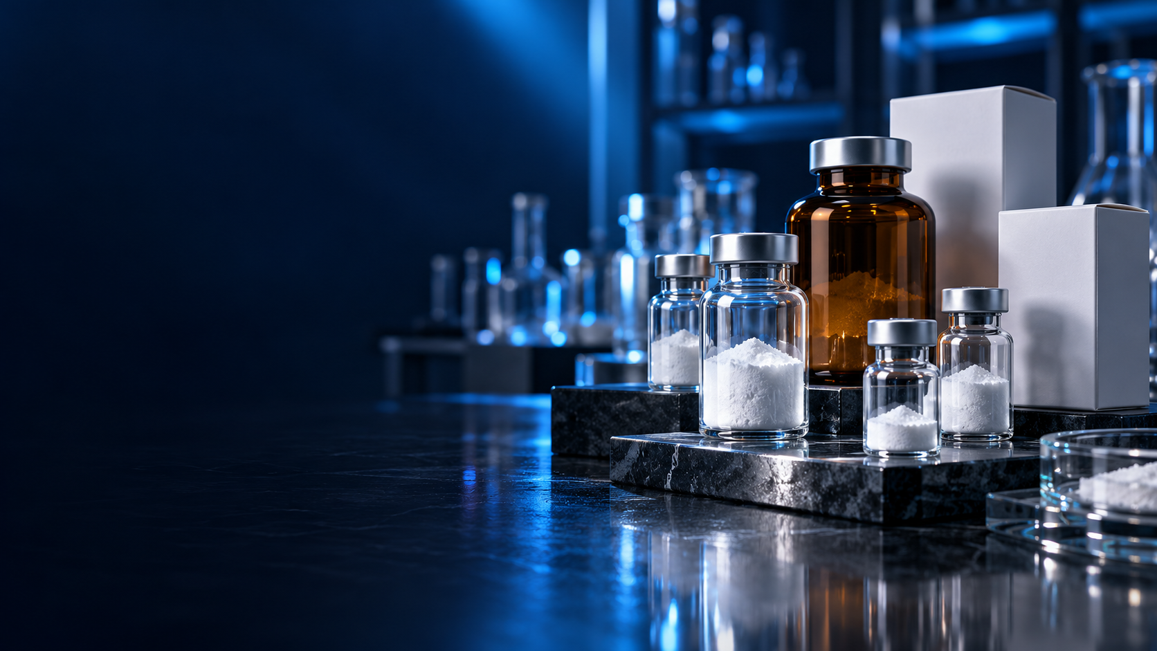 Illustrative premium glass vials, amber jar and blank cartons arranged in blue laboratory light.