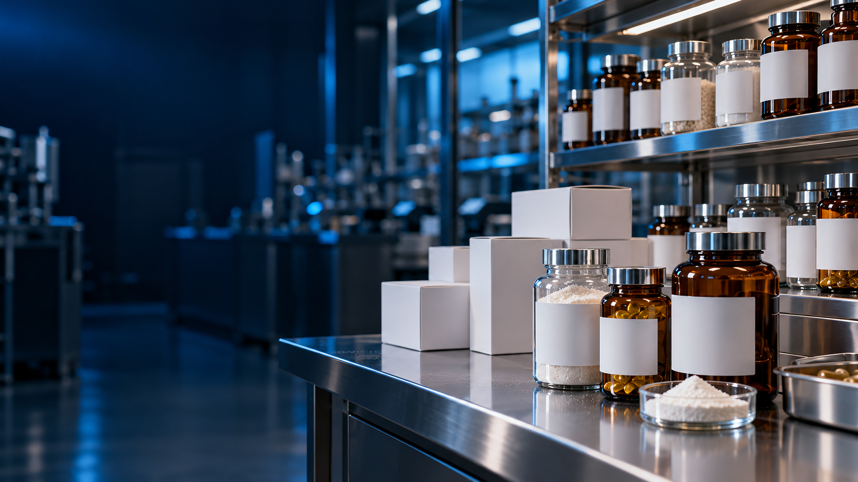 Illustrative blank-label jars, bottles and boxes on stainless shelving.