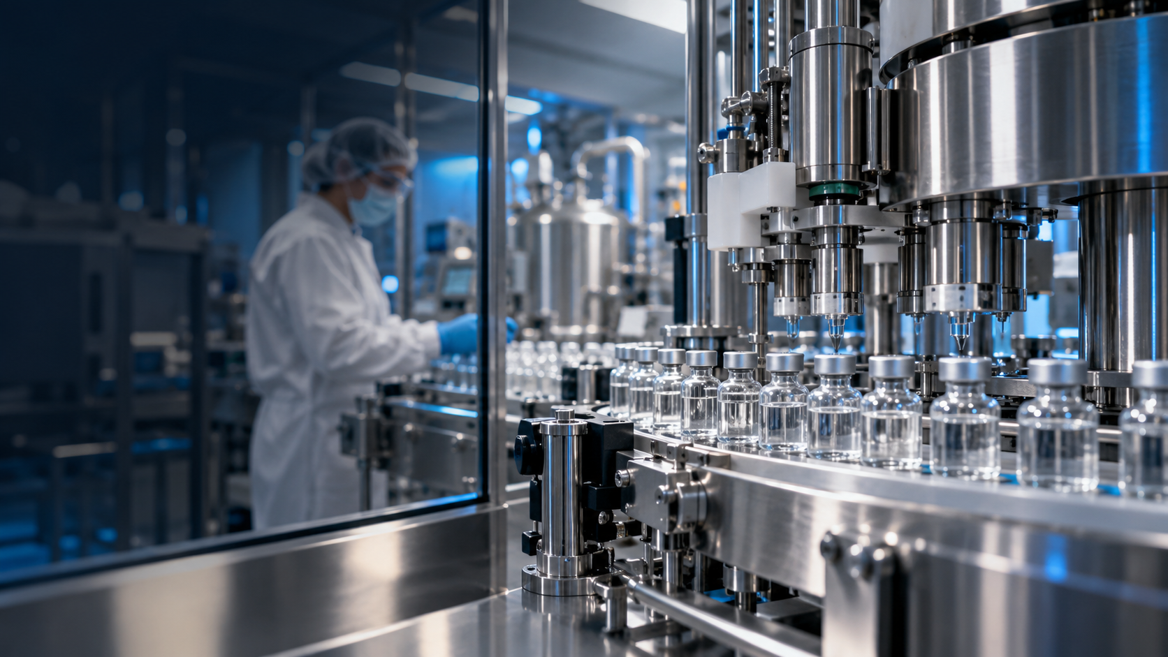Illustrative precision vial filling line with an operator. Not a photograph of our staff or facility.