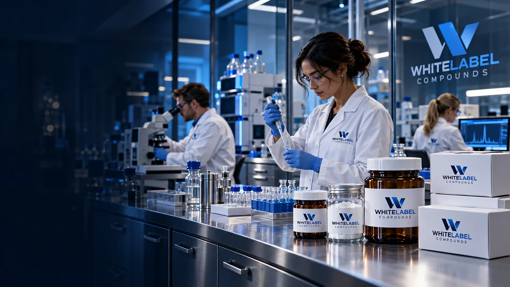 Illustrative scientists with WhiteLabel Compounds packaging in a blue-lit laboratory. Not a photograph of our staff or facility.