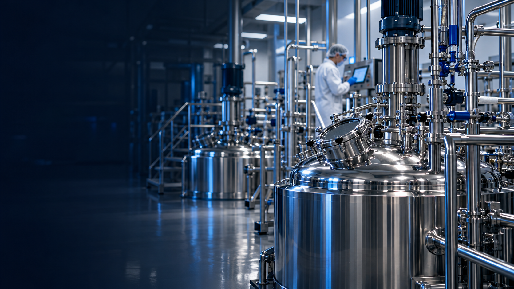 Illustrative stainless-steel compound processing suite. Not a photograph of our facility.