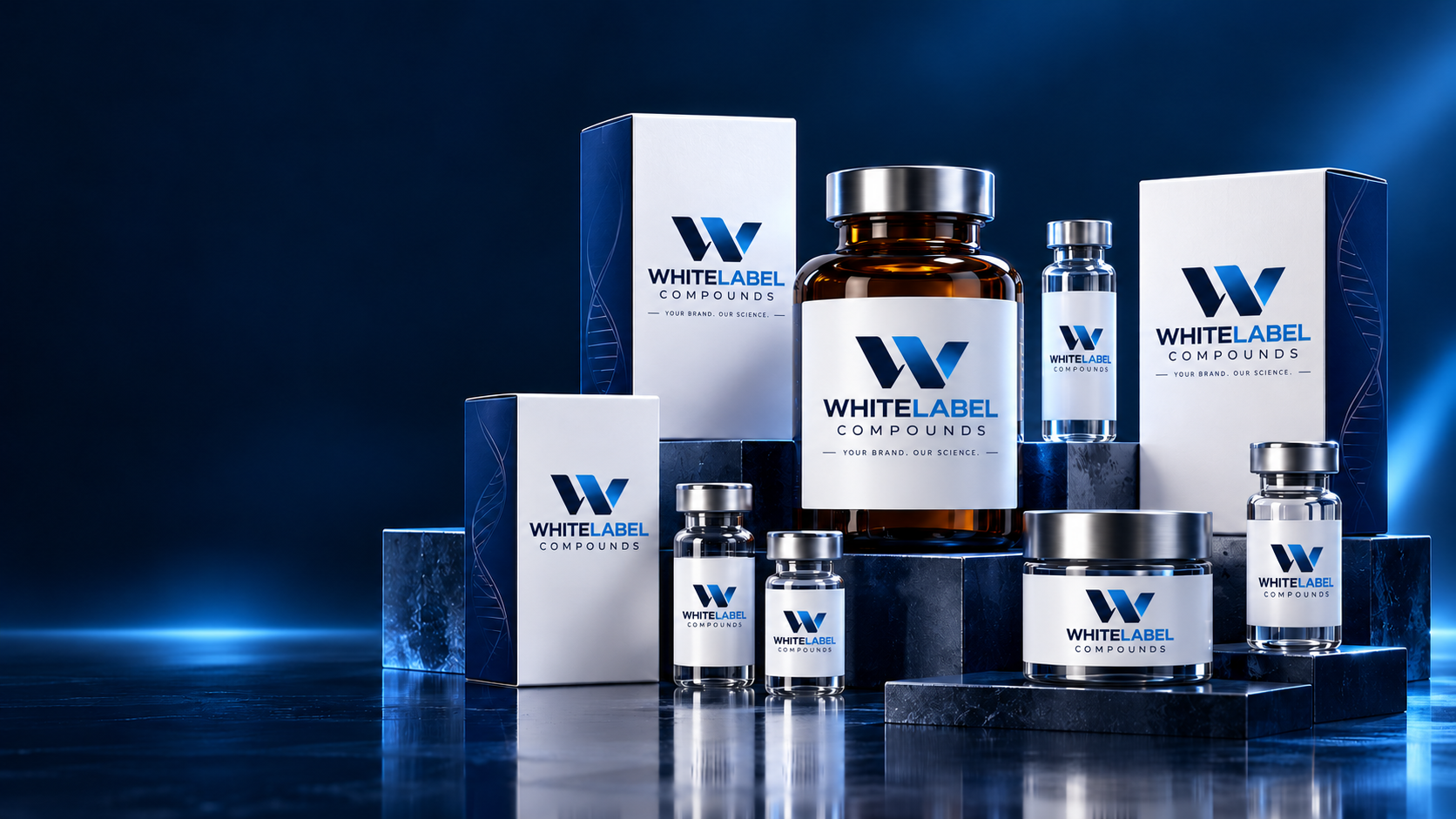 Illustrative WhiteLabel Compounds branded boxes, amber jar and vials on navy pedestals.