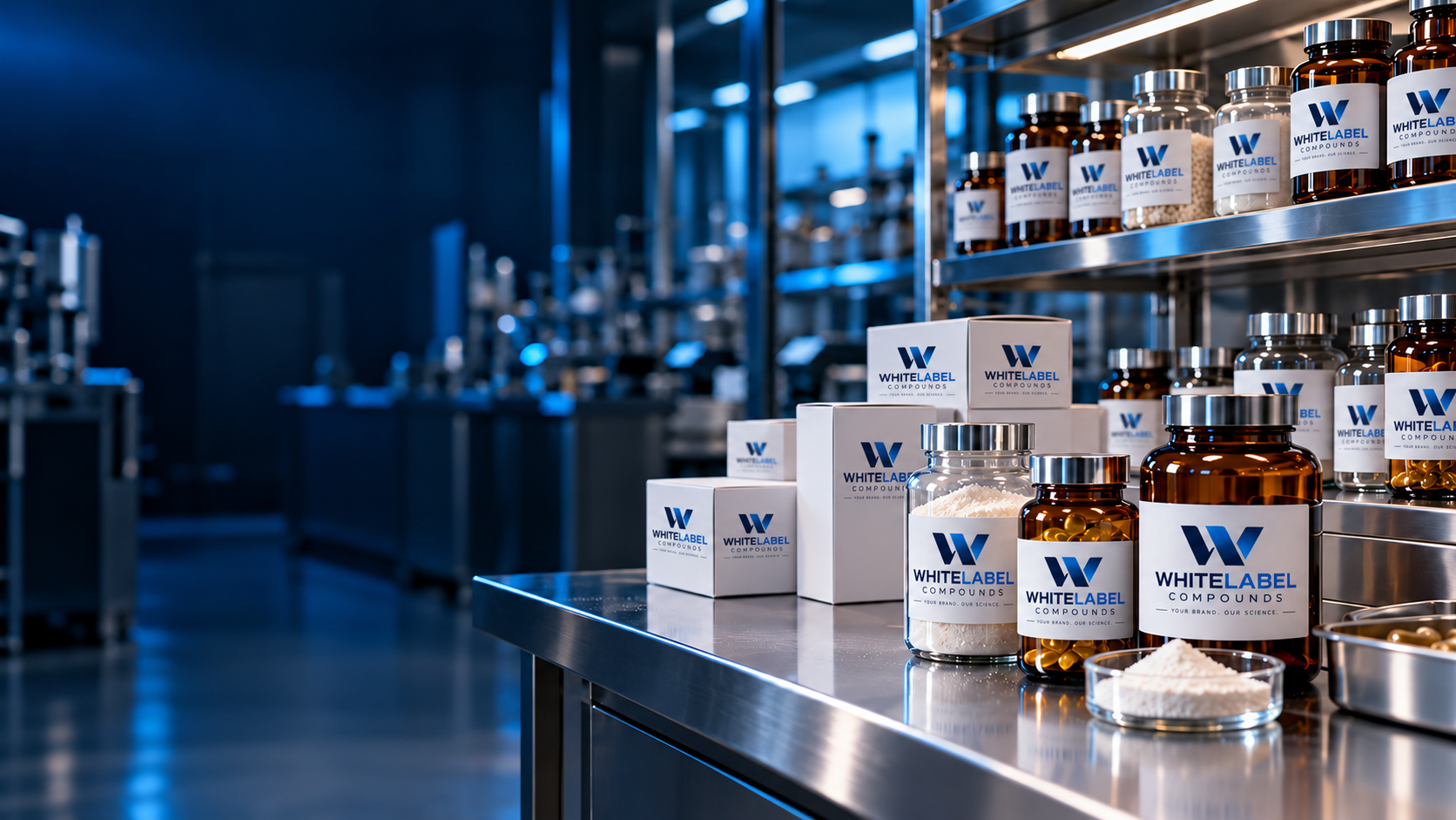 Illustrative WhiteLabel Compounds branded jars and boxes on stainless shelving. Not a photograph of our facility.