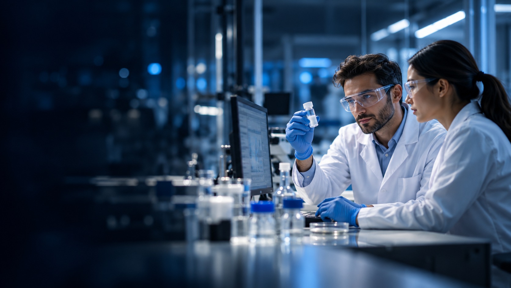 Illustrative scientists reviewing a sample in a cinematic laboratory. Not a photograph of our staff or facility.