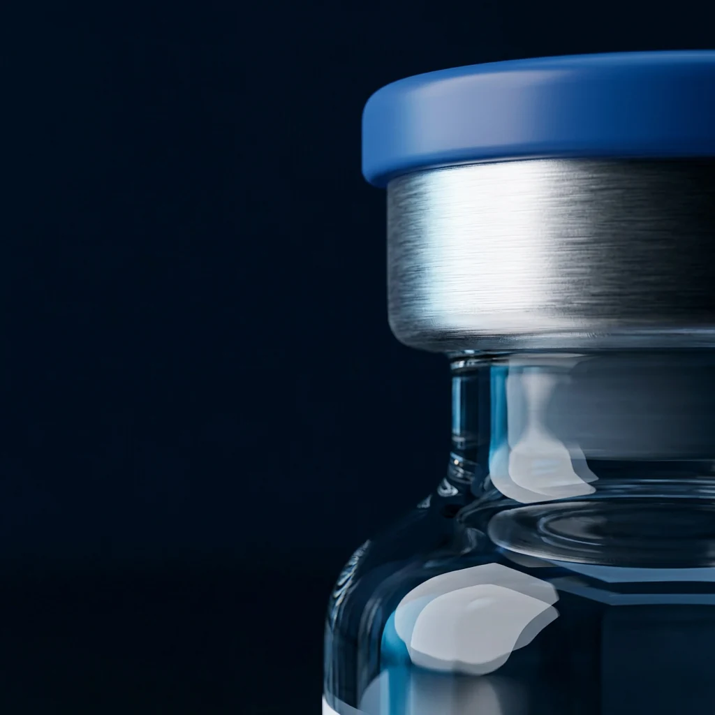 Illustrative macro photograph of a blue closure, brushed silver crimp and glass vial.